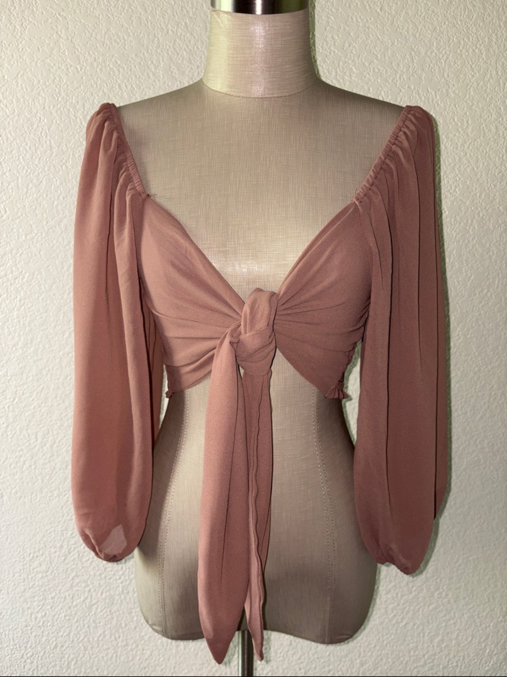 Papermoon Rose Tie-Front Puff Sleeve Crop Top